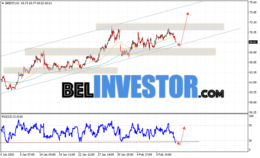 Нефть прогноз Brent на 13 февраля 2026 Котировки нефти марки Brent продолжают движение в рамках развития сильной коррекции и бычьего канала. В момент публикации прогноза цена нефти марки Brent составляет 68.61 долларов за баррель. Скользящие средние указывают на наличие краткосрочной восходящей тенденции по нефти. Цены вновь тестируют область между сигнальными линиями, что указывает на давление со стороны покупателей